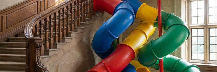 Three children exiting colorful tube slides into a large ball pit beneath a grand staircase.