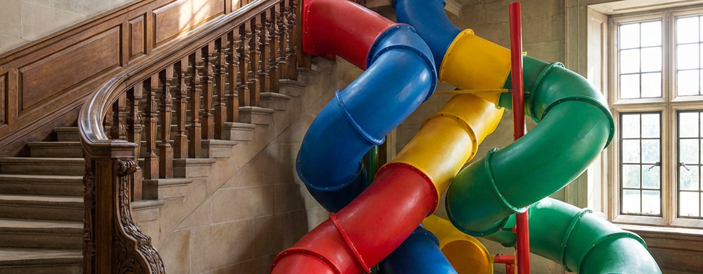 Three children exiting colorful tube slides into a large ball pit beneath a grand staircase.