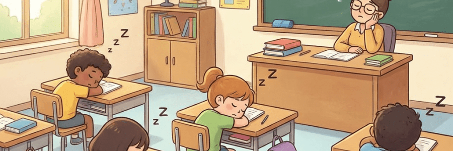 Illustration of a teacher and students sleeping at their desks in a colorful classroom.