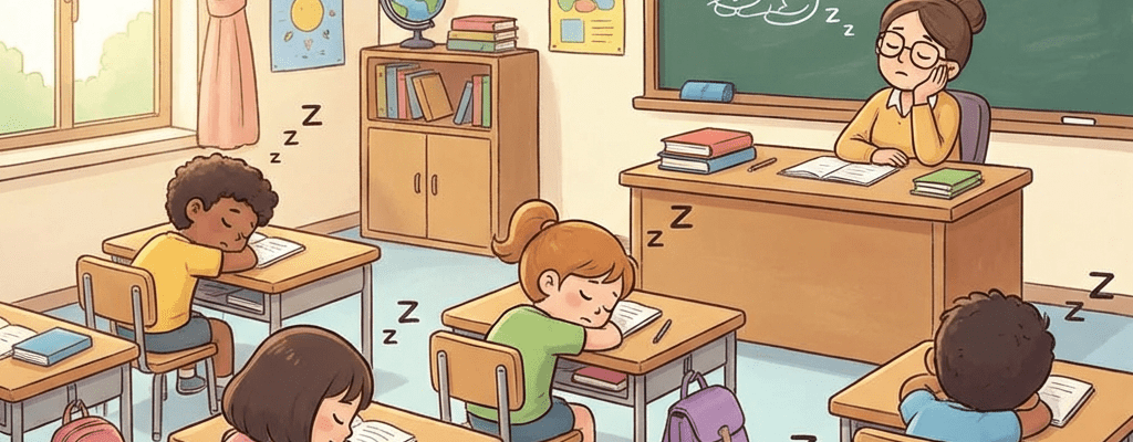 Illustration of a teacher and students sleeping at their desks in a colorful classroom.