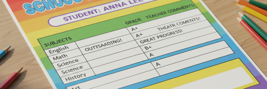 School report card for Anna Lee showing mostly A+ and A grades across various subjects.