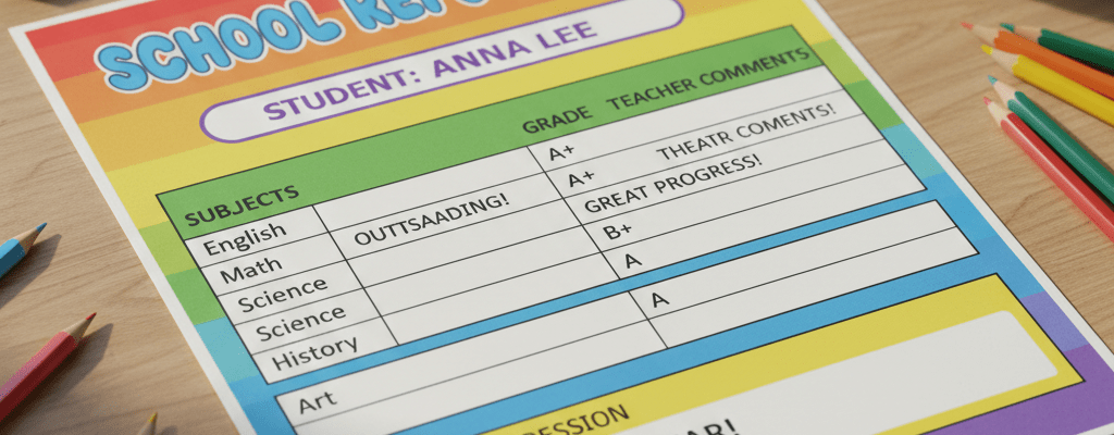 School report card for Anna Lee showing mostly A+ and A grades across various subjects.