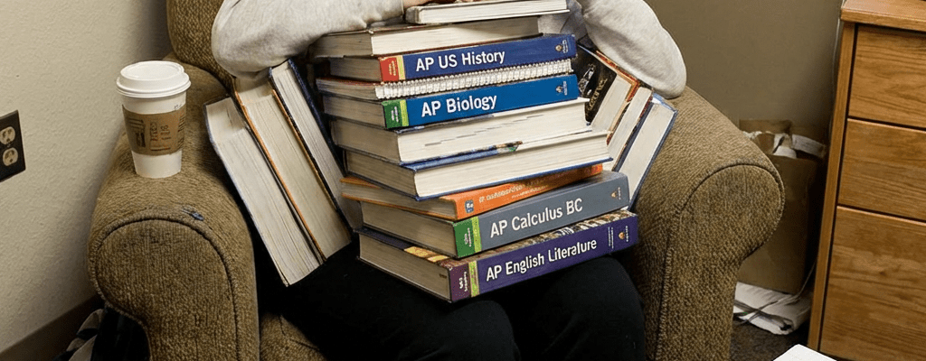 Exhausted student buried under AP US History, Biology, Calculus, and English Literature textbooks.