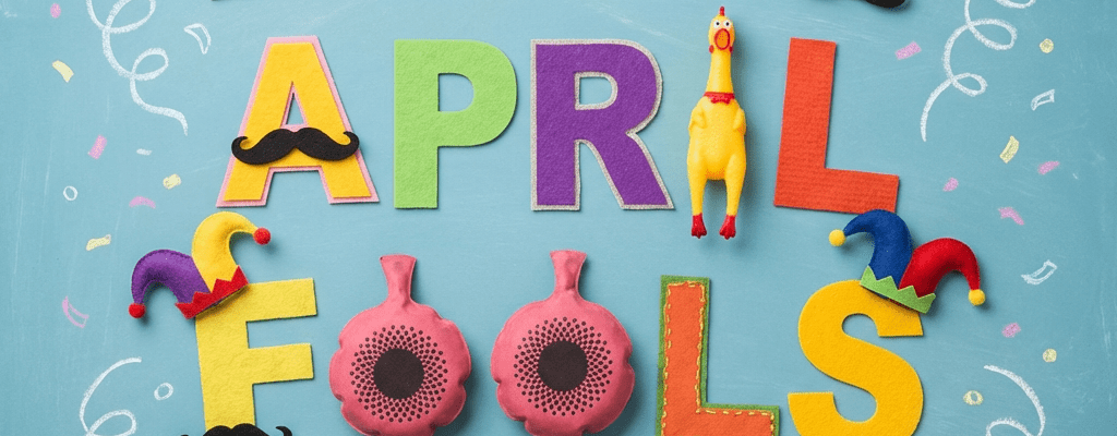 Colorful letters spell Happy April Fools Day with mustaches, jester hats, and rubber chickens.
