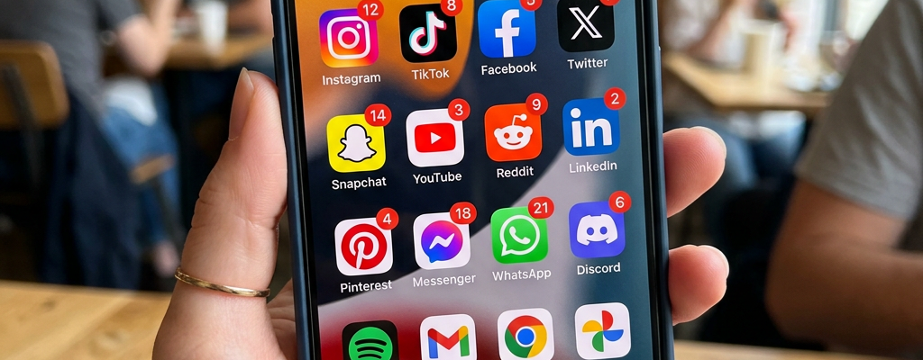 Smartphone screen displaying social media apps Instagram, TikTok, Facebook, Twitter, Snapchat, YouTube, Reddit, LinkedIn, Pinterest, Messenger, WhatsApp, Discord, and others with notification badges