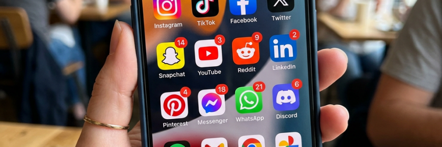Smartphone screen displaying social media apps Instagram, TikTok, Facebook, Twitter, Snapchat, YouTube, Reddit, LinkedIn, Pinterest, Messenger, WhatsApp, Discord, and others with notification badges