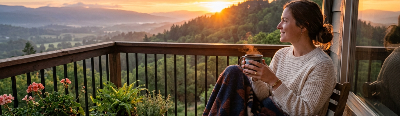 Woman sitting on balcony wrapped in blanket, holding steaming cup, watching sunrise over mountains