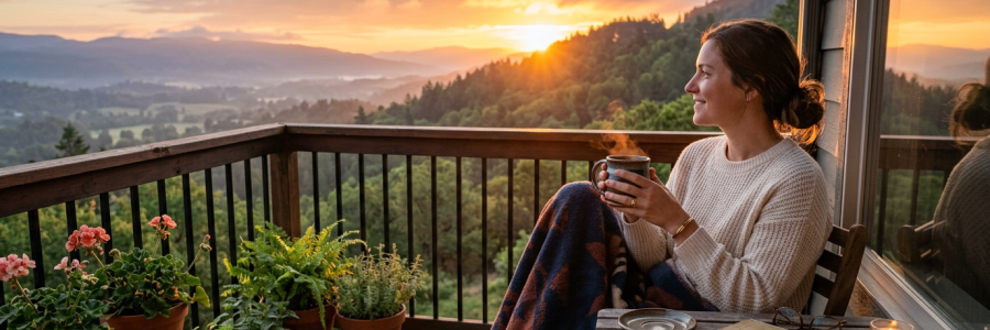 Woman sitting on balcony wrapped in blanket, holding steaming cup, watching sunrise over mountains
