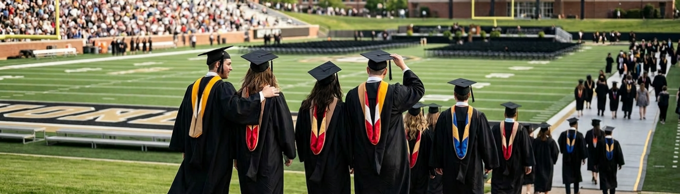 Graduates wearing caps and gowns walking toward the graduation stage on a football field