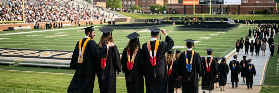 Graduates wearing caps and gowns walking toward the graduation stage on a football field