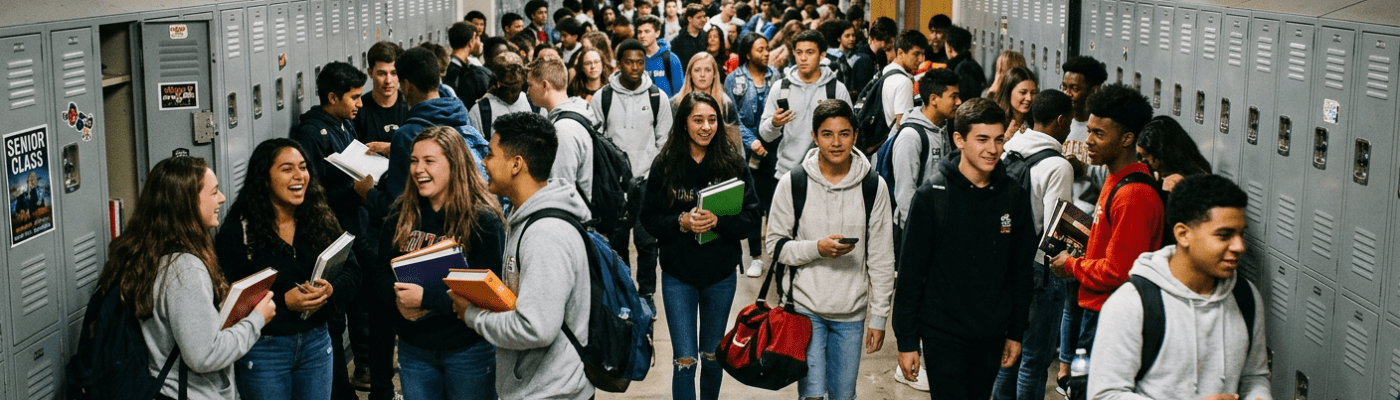 High school students standing and walking in a crowded hallway lined with lockers