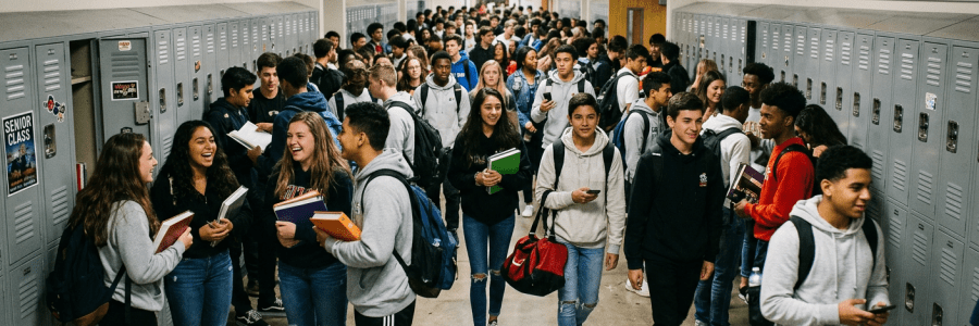 High school students standing and walking in a crowded hallway lined with lockers